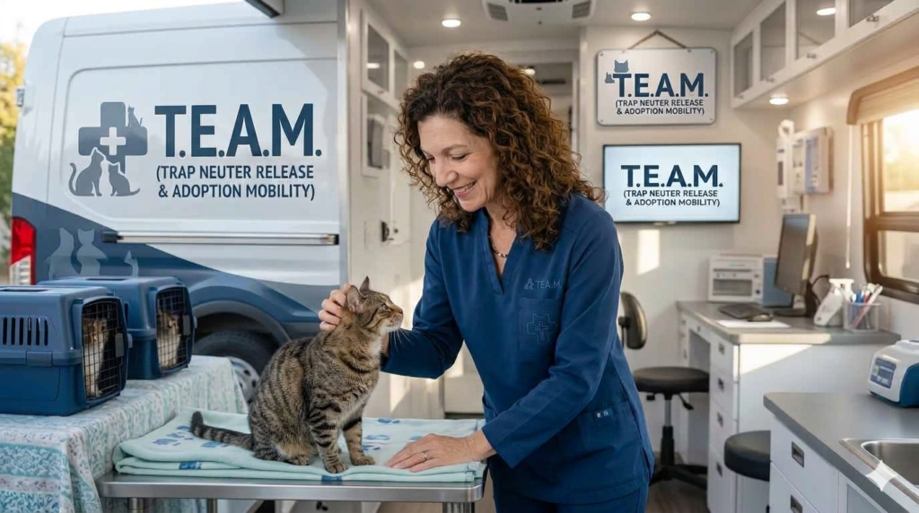 Donna smiling and petting a tabby cat on an exam table.