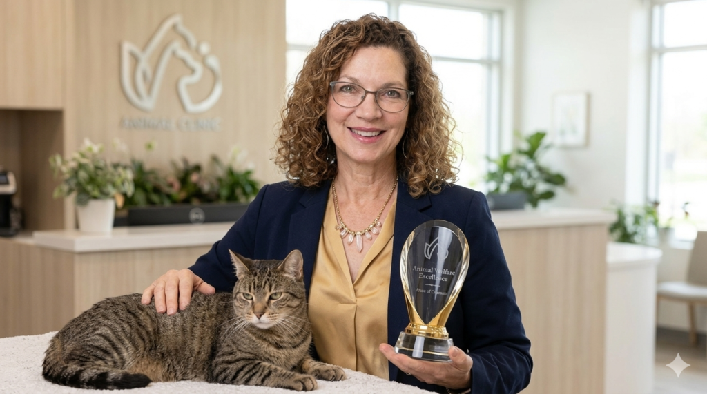 Donna smiling while holding a crystal veterinary award.