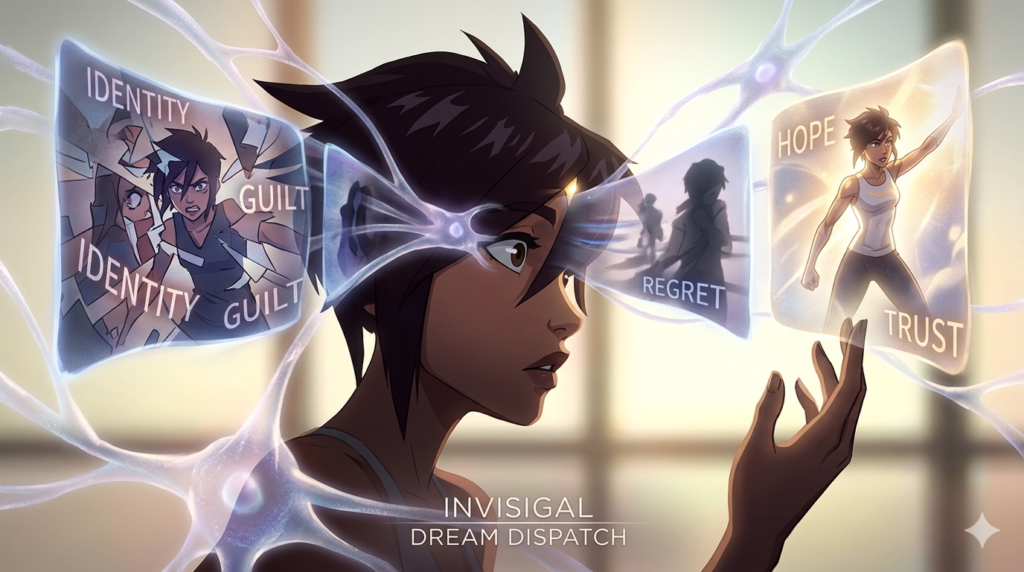 Invisigal Dream Dispatch Video game guide interface analyzing a character's dream.