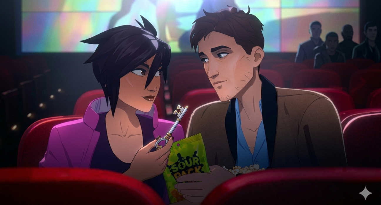Robert and Invisigal looking at a key in a theater.