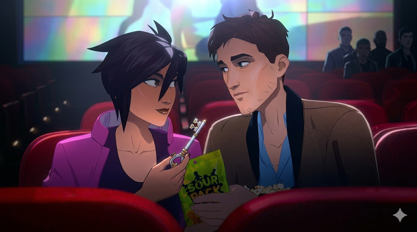 Robert and Invisigal looking at a key in a theater.