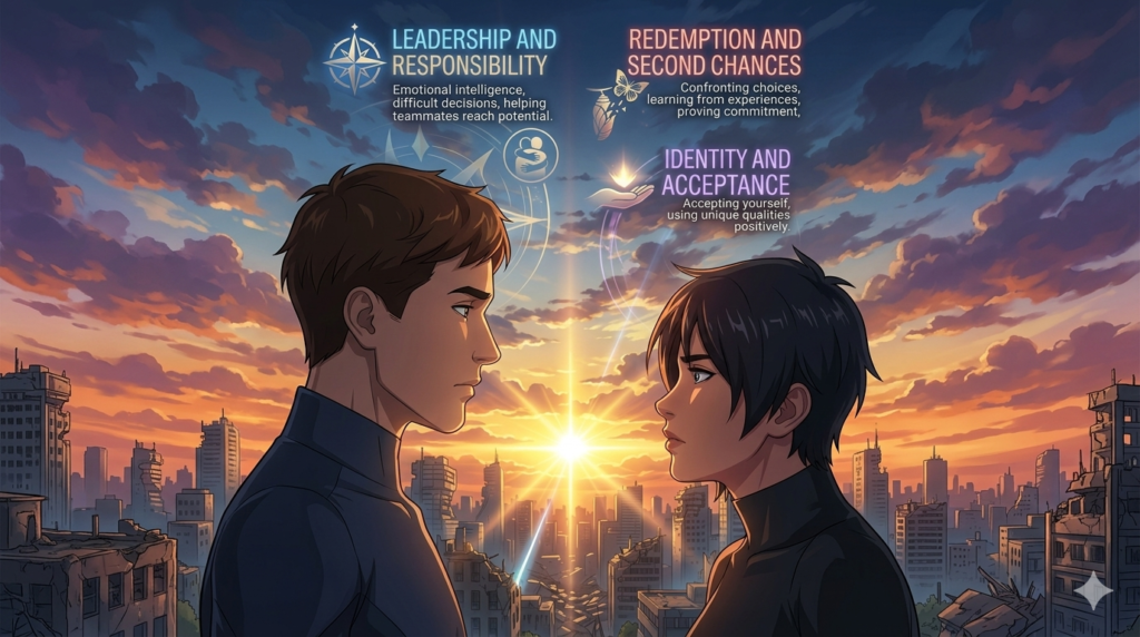 Infographic showing two characters facing each other at sunset.