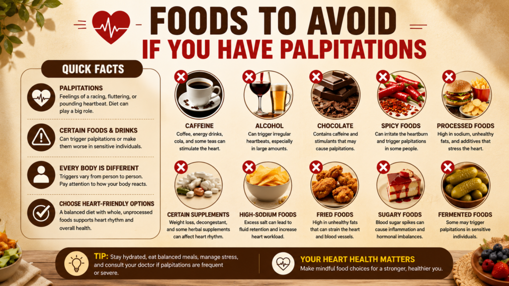 Illustrated guide showing caffeine, alcohol, processed foods, and other dietary triggers linked to heart palpitations.