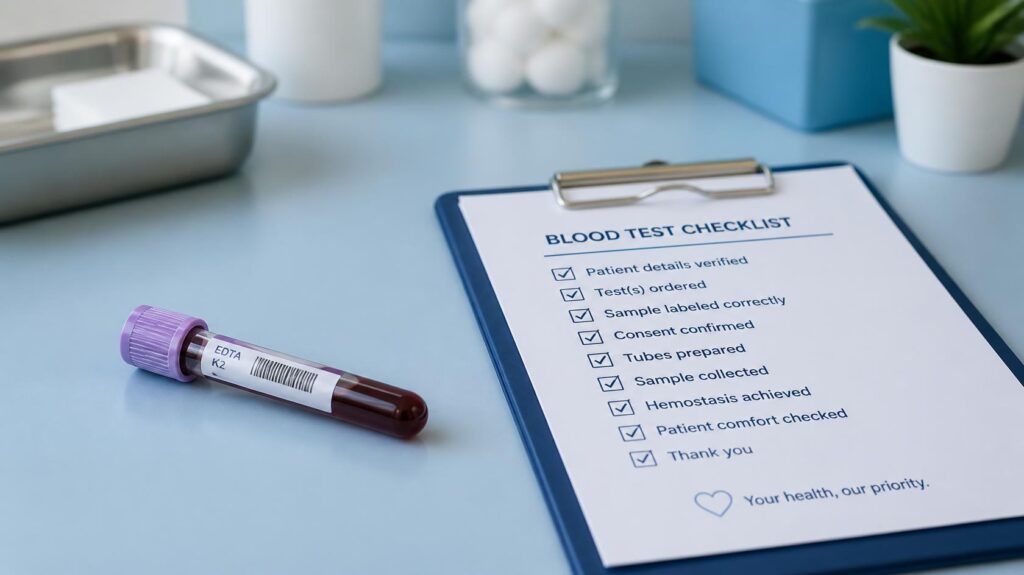 Blood test vial and checklist representing celiac disease testing before a gluten challenge.