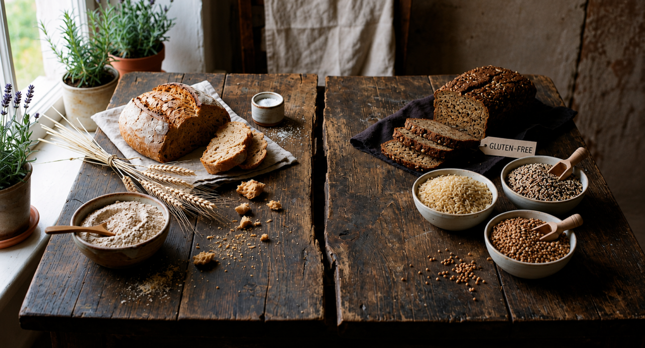 Wheat bread and gluten ingredients on one side of a table, rice and gluten-free grains on the other, illustrating the gluten comparison.