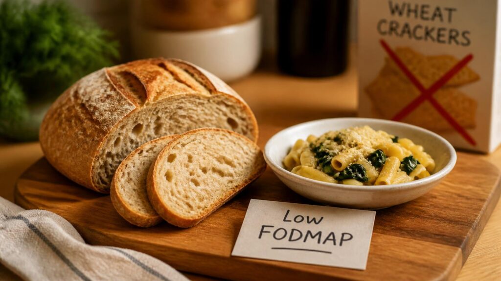 Sourdough bread and pasta on a cutting board representing low-FODMAP food choices.
