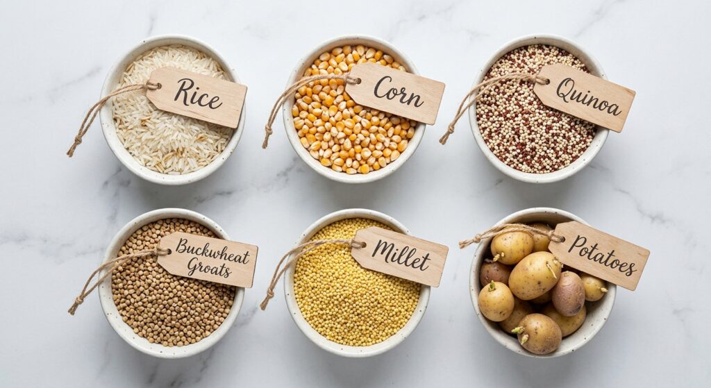 Flat-lay of naturally gluten-free foods including rice, quinoa, buckwheat, millet, and potatoes.