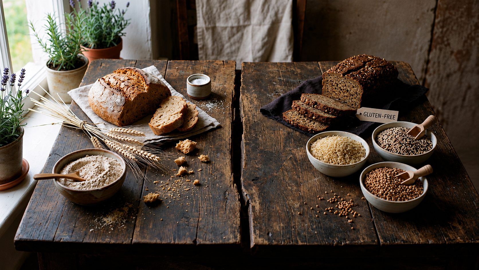 Wheat bread and gluten ingredients on one side of a table, rice and gluten-free grains on the other, illustrating the gluten comparison.