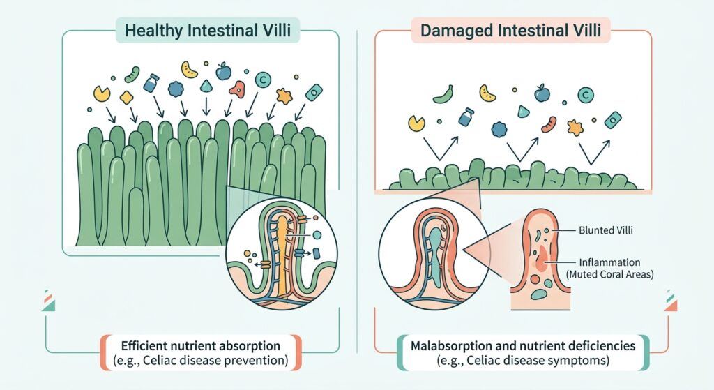 Diagram comparing healthy intestinal villi to viIII
damaged by celiac disease.