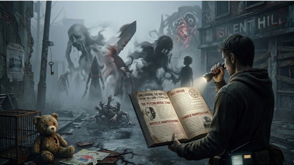 Open lore book illuminated by a flashlight in a foggy street featuring a creepy teddy bear and distant monsters.