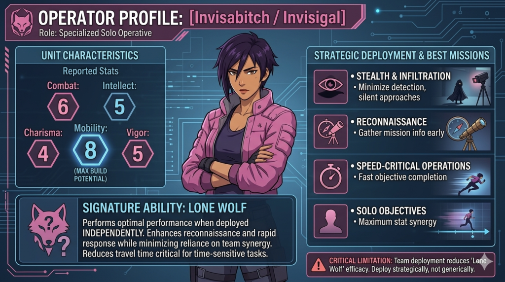 Invisigal gameplay breakdown showcasing tactical stealth stats and mission types.