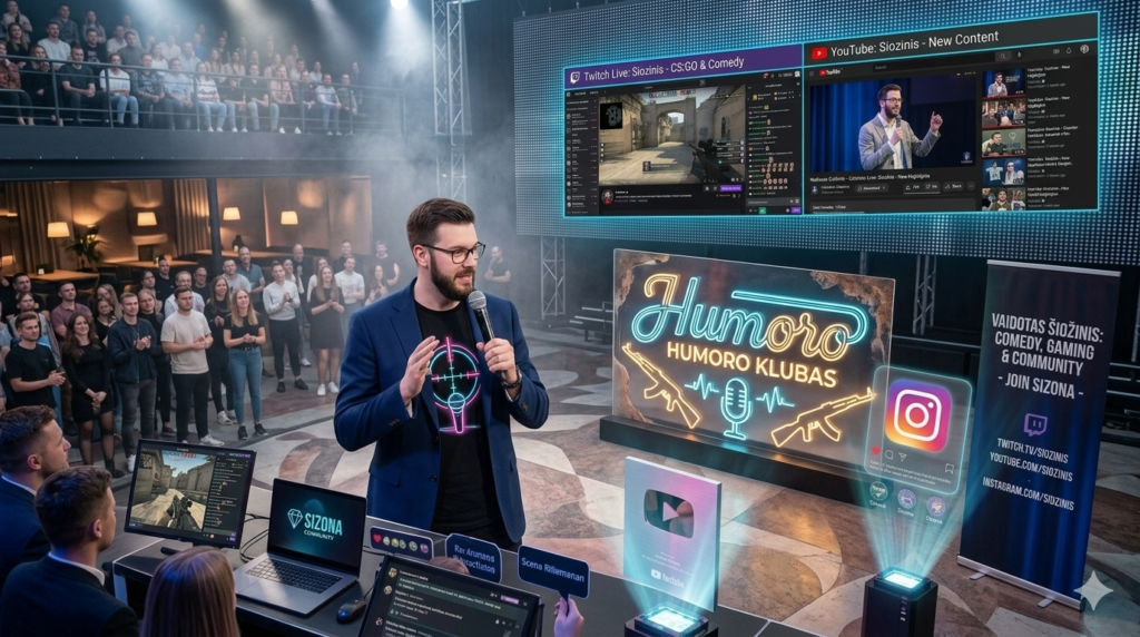 Siozinis speaking in a studio with his Twitch, YouTube and Instagram feeds.