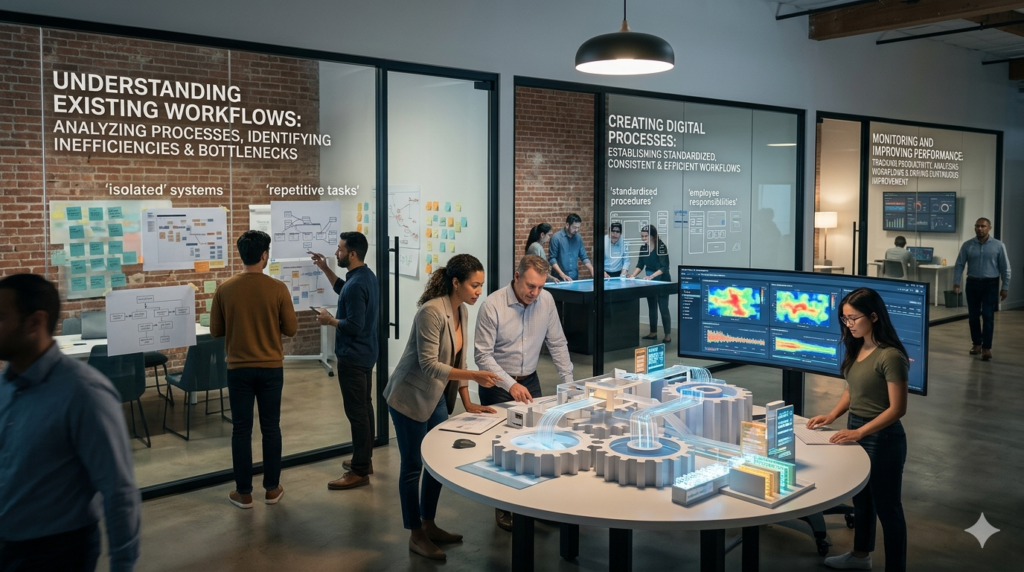 Corporate team using a digital display to analyze operations.