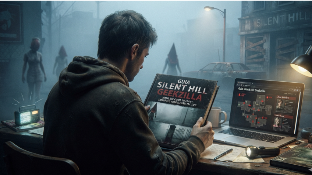 Man holding flashlight and lore book in foggy Silent Hill street with Pyramid Head and nurses looming in the background.
