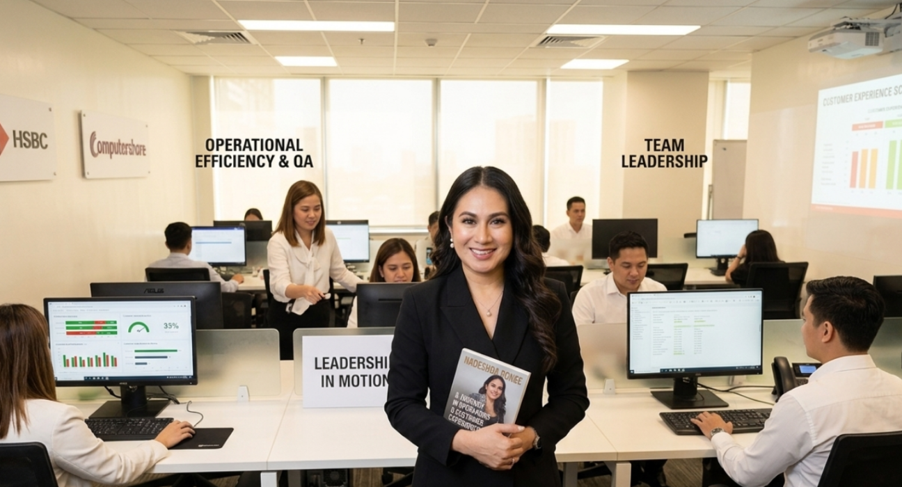 Smiling businesswoman in black blazer holding custom operations book inside a bright corporate office workspace.
