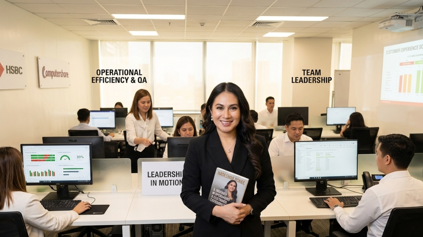 Smiling businesswoman in black blazer holding custom operations book inside a bright corporate office workspace.