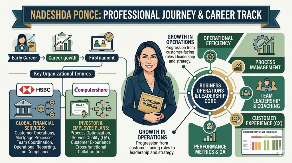 Businesswoman Nadeshda Ponce standing in an open-plan office space featuring corporate wall signage for HSBC and Computershare.