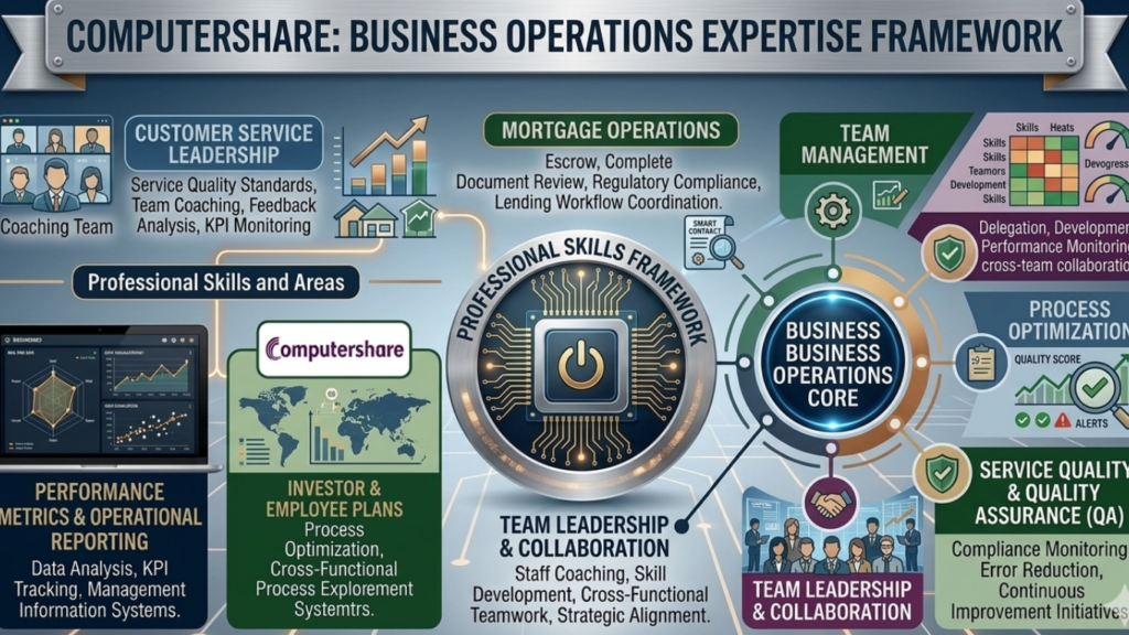 Infographic mapping customer service leadership, mortgage operations, process optimization and team management