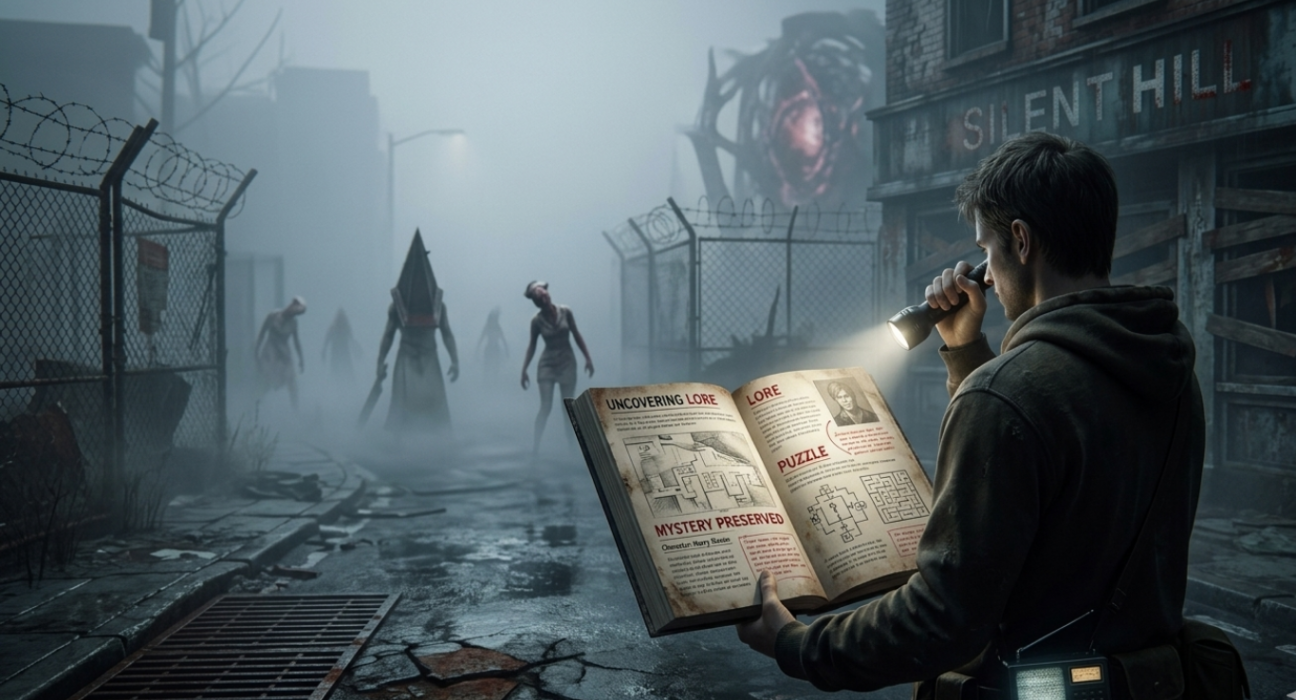 Man holding flashlight and lore book in foggy Silent Hill street with Pyramid Head and nurses looming in the background.