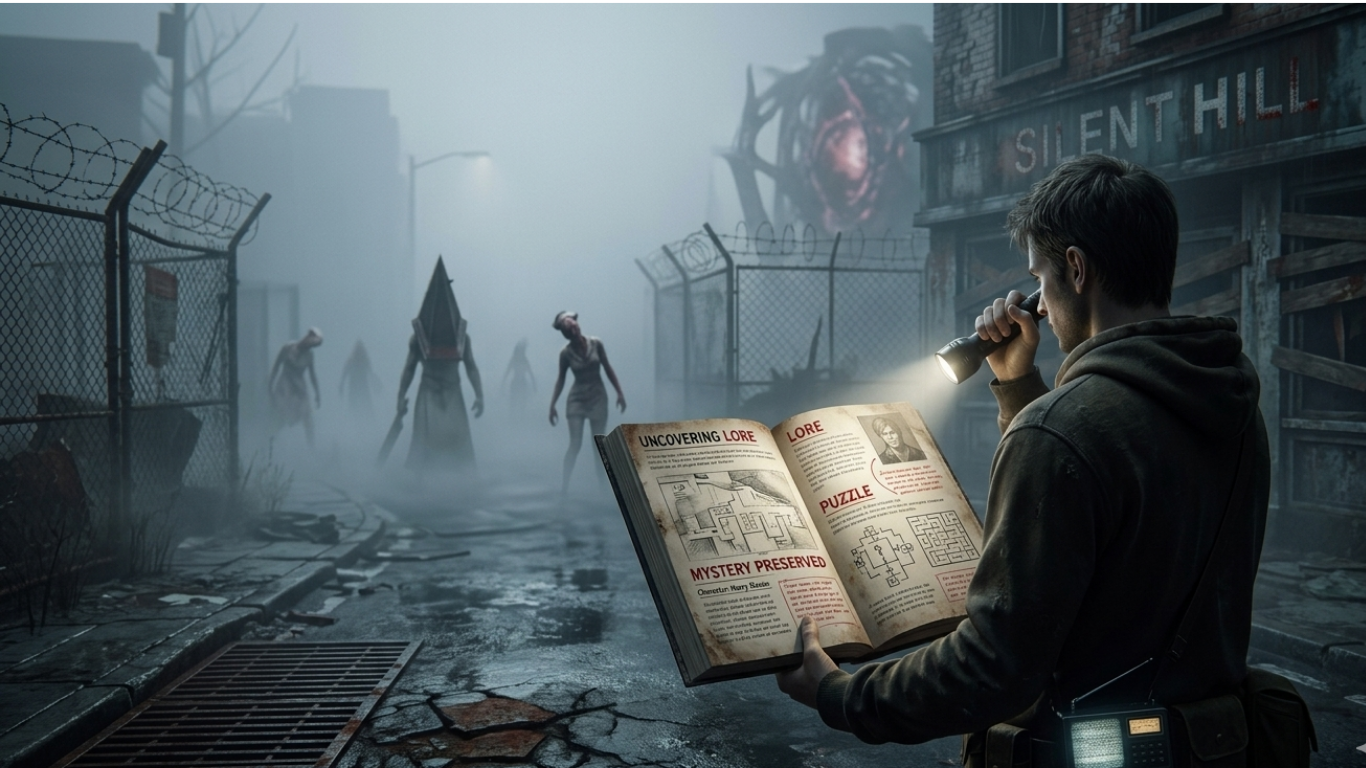 Man holding flashlight and lore book in foggy Silent Hill street with Pyramid Head and nurses looming in the background.