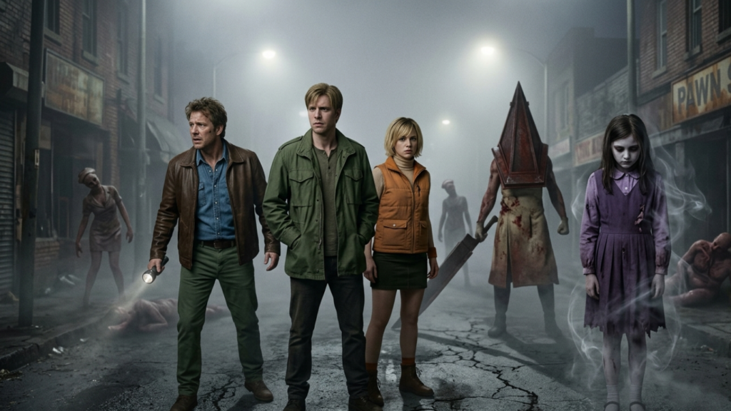 Harry, James, and Heather Mason standing together in a foggy Silent Hill street flanked by iconic franchise monsters.