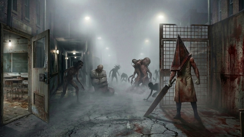 Grim, desolate Silent Hill street crawling with horrific entities including Pyramid Head, a straightjacket monster and nurses.