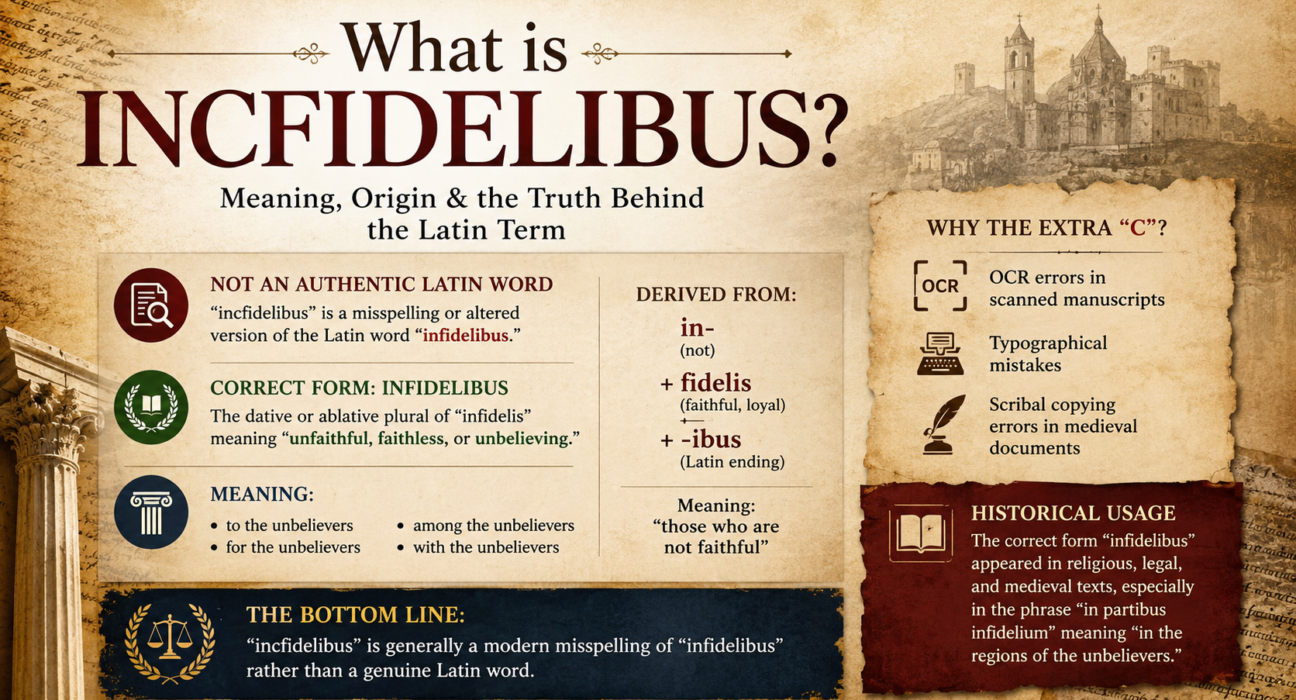 Incfidelibus meaning with Latin roots, etymology, grammar, and historical context illustrated in a manuscript-style graphic.