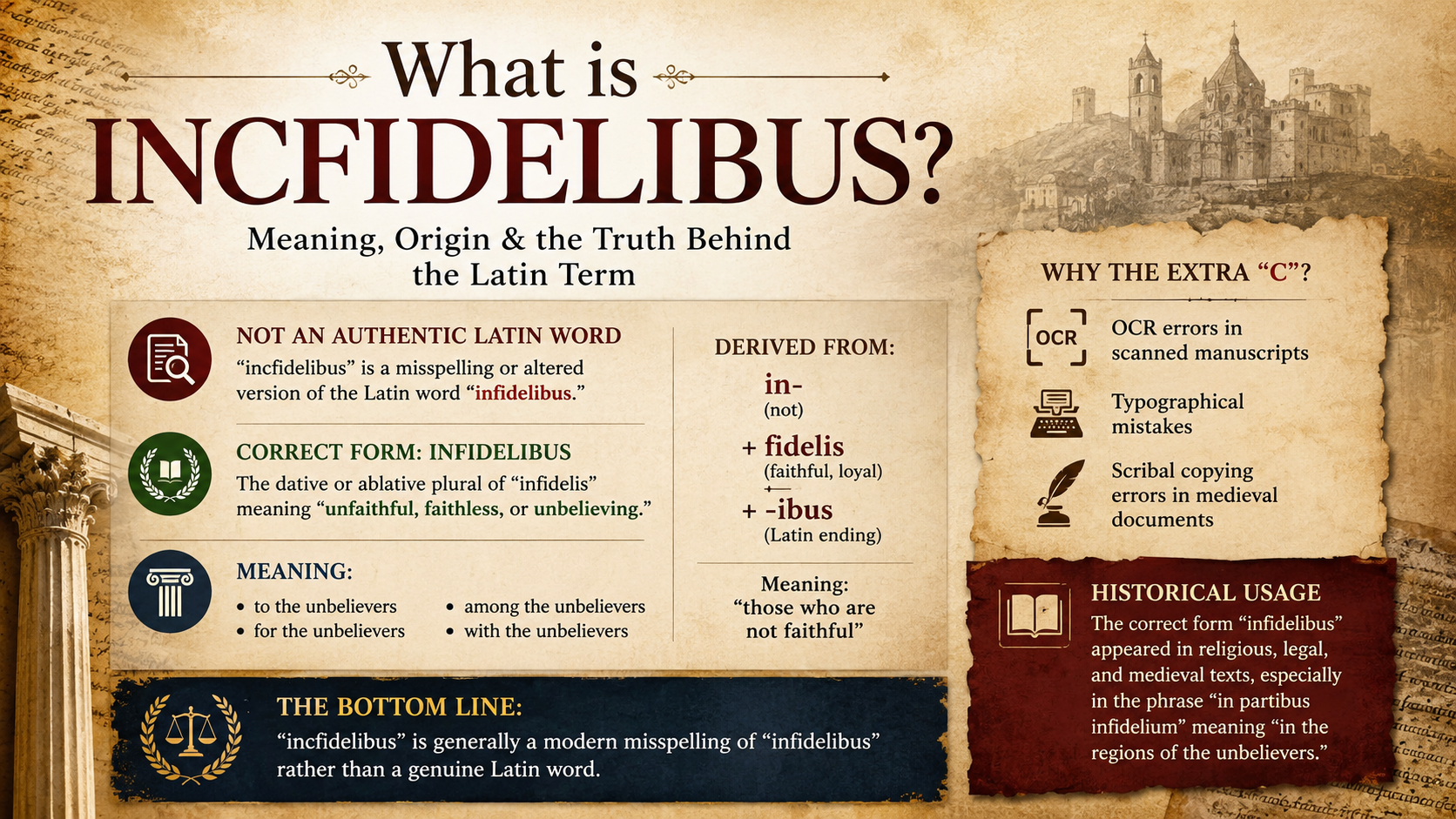 Incfidelibus meaning with Latin roots, etymology, grammar, and historical context illustrated in a manuscript-style graphic.