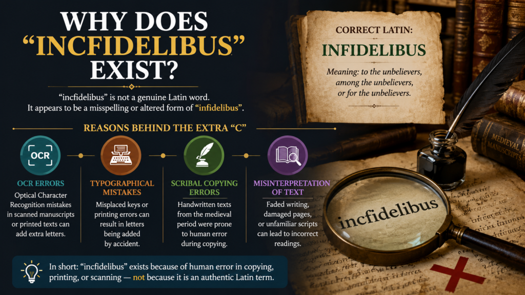 Historical infographic showing the origins of the term "incfidelibus" and its connection to the Latin word "infidelibus."