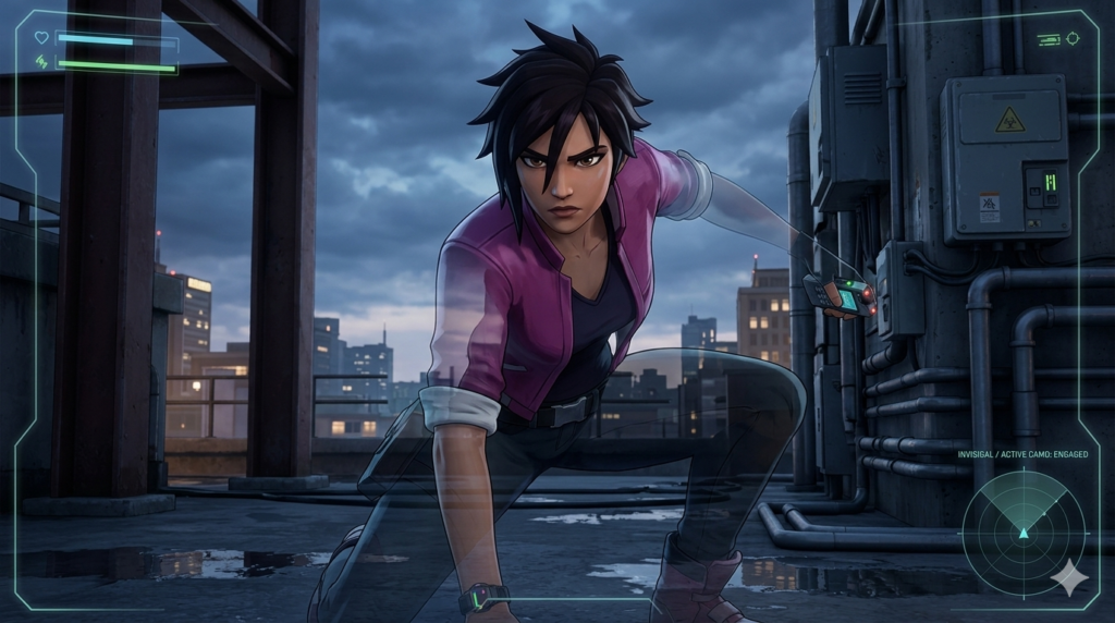 Anime girl Invisigal with short spiky hair cloaking on a rooftop.