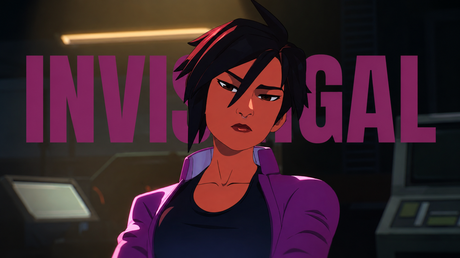 Invisigal from Dispatch game using stealth abilities in a futuristic mission scene with dark sci-fi environment