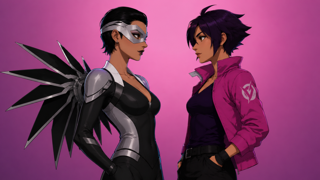 Female Dispatch character in a stylized hero illustration