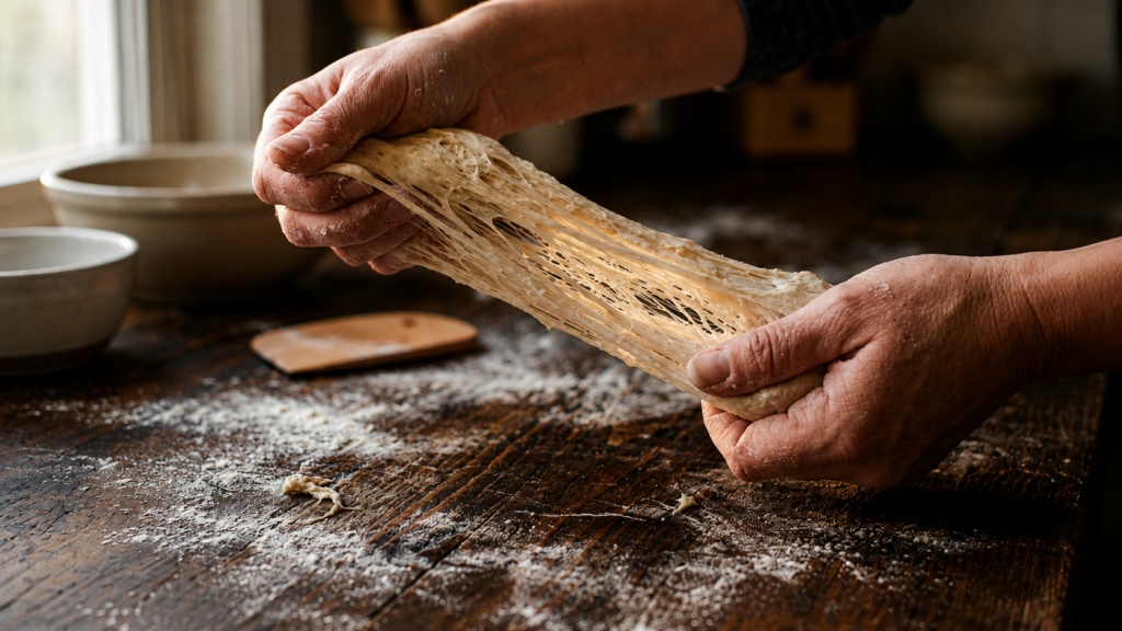 is gluten bad for you. Hands stretching raw bread dough to show the elastic gluten network.