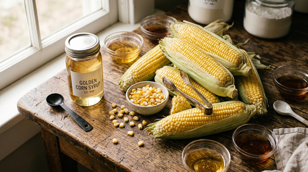 Corn syrup bottle next to fresh corn, illustrating its corn starch origin