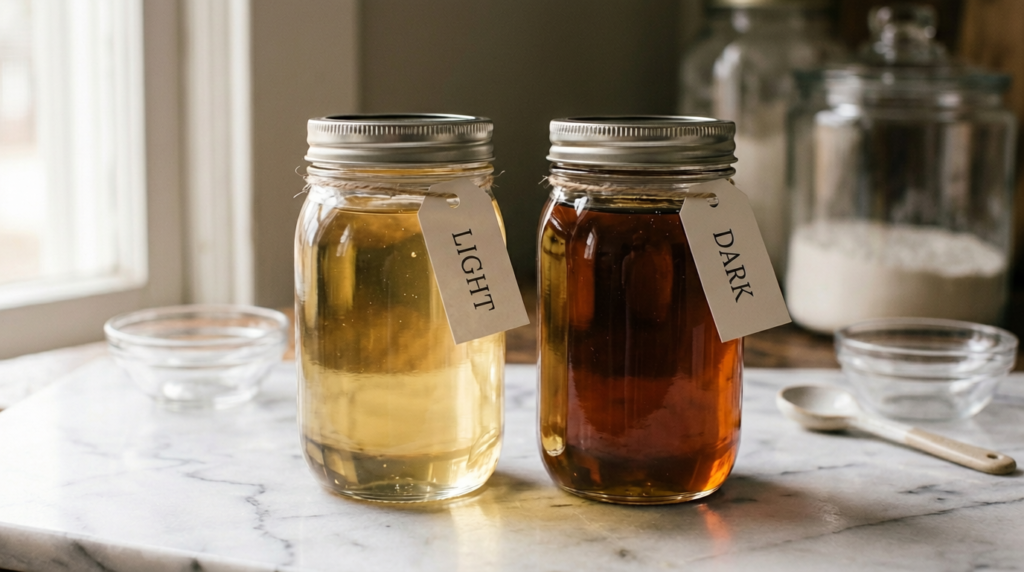 ne
Light and dark mais syrup side by side in glass jars