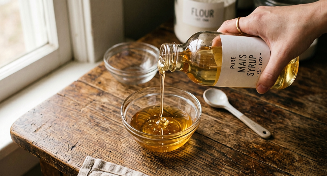 Bottle of mais syrup (corn syrup) being poured into a glass bowl