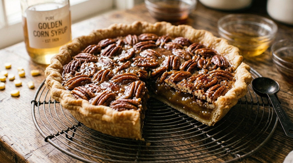 Pecan pie made with mais
syrup showing its glossy
caramel filling