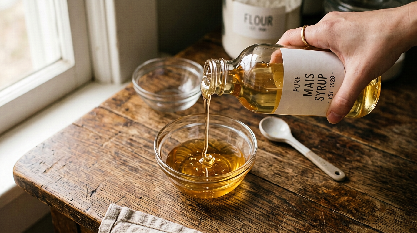 Bottle of mais syrup (corn syrup) being poured into a glass bowl
