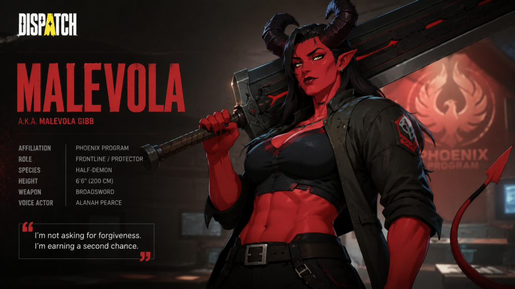 Malevola Dispatch using dark magic during an intense battle scene