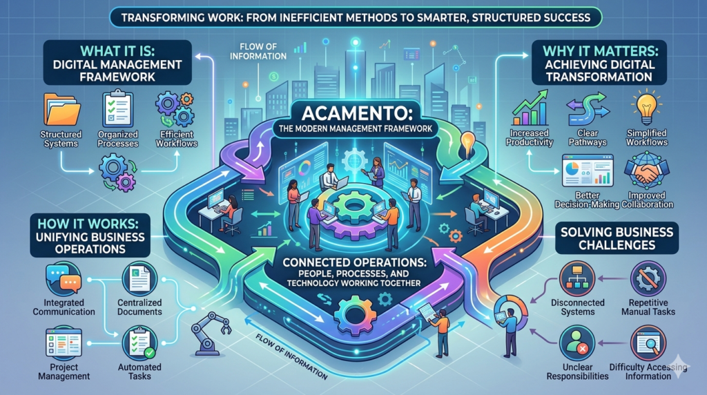 Infographic chart outlining the Acamento digital system.