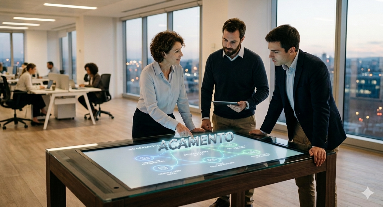 Professionals collaborating around an interactive digital workflow screen.