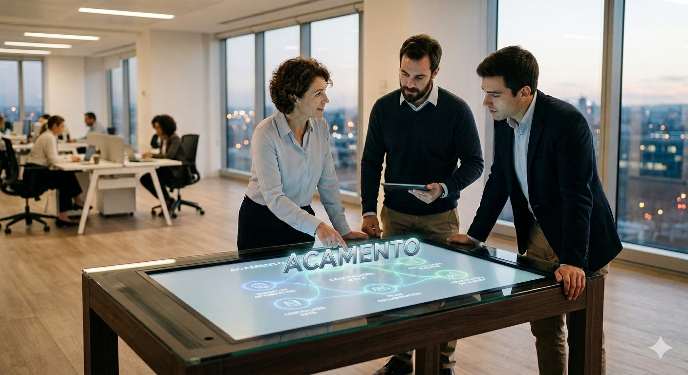 Professionals collaborating around an interactive digital workflow screen.