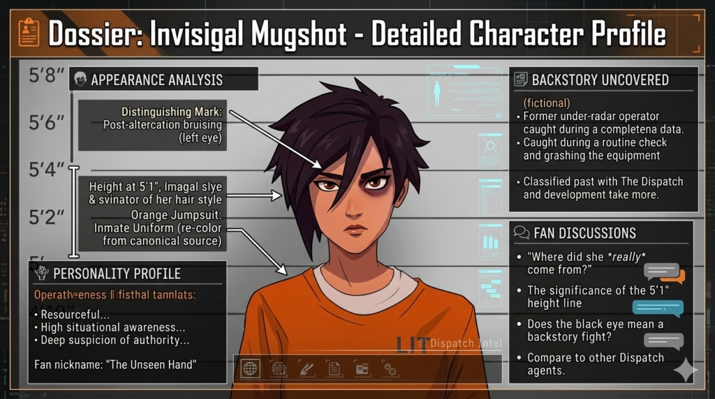 Character profile infographic with invisigal mugshot lineup chart.