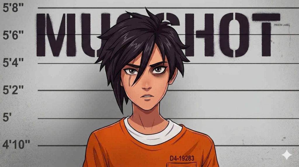 Anime mugshot with stenciled text against a height chart.