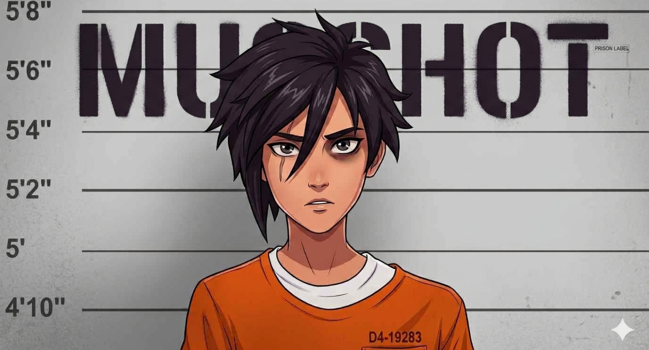 Anime mugshot with stenciled text against a height chart.
