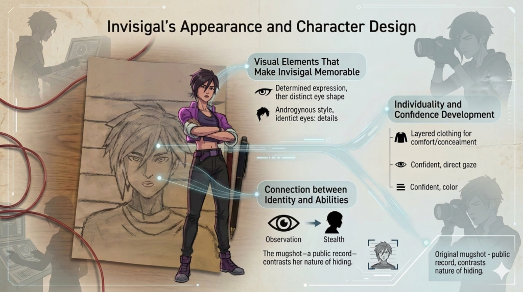 Infographic detailing character design and visual motifs.