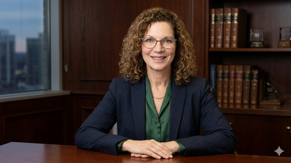 Woman with curly hair and glasses in a professional suit.