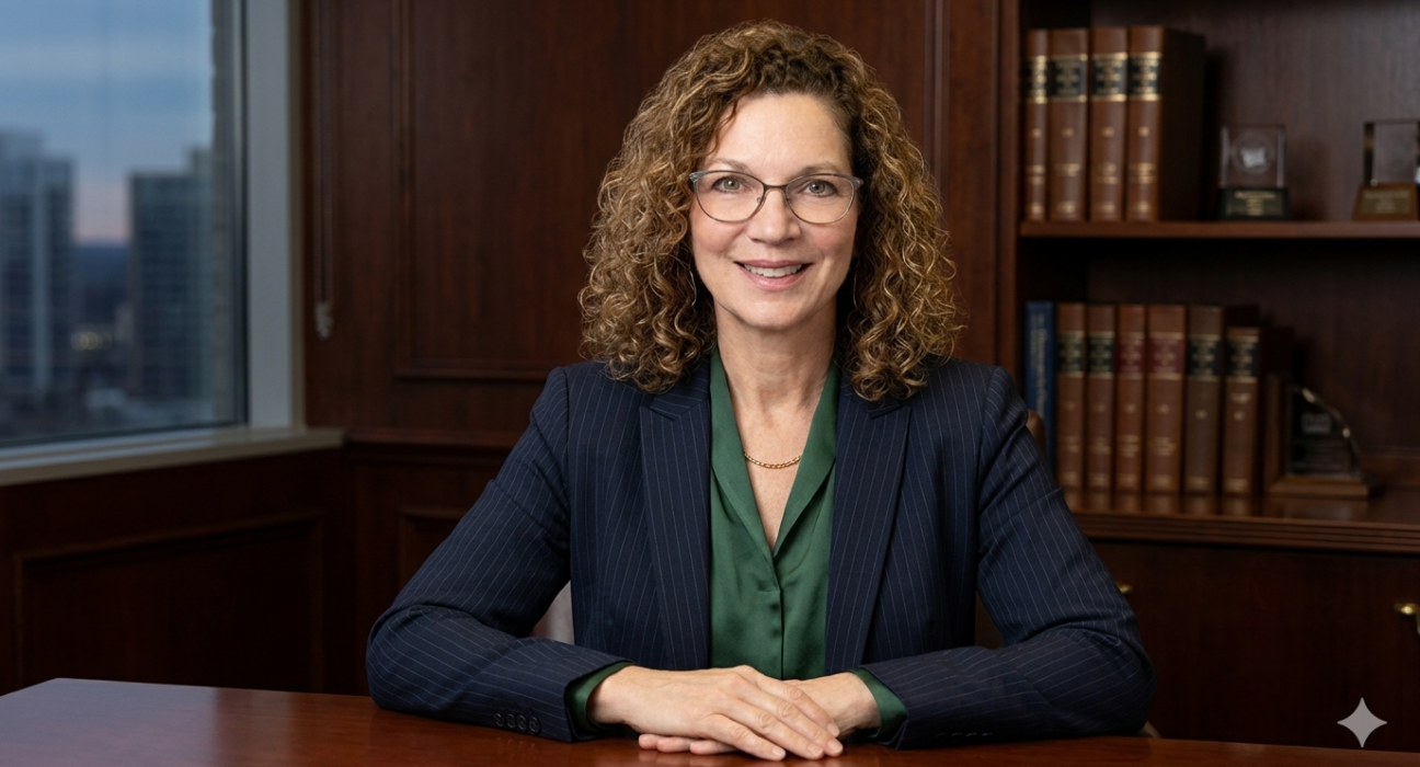 Woman with curly hair and glasses in a professional suit.