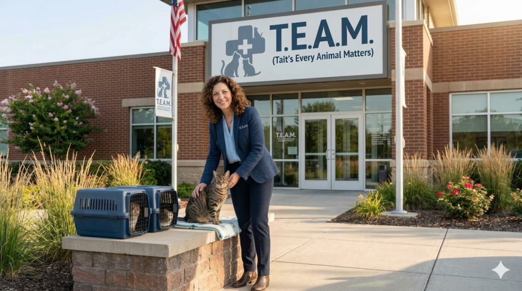 Donna Sicuranza with cat outside T.E.A.M. clinic.