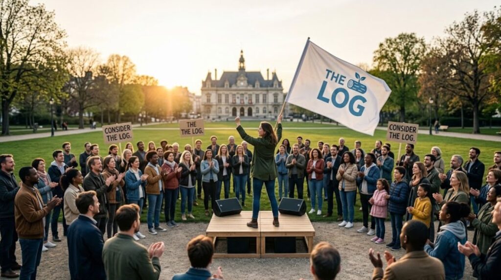 People gather at a public rally while a speaker waves an Overtona Logs flag and supporters hold signs promoting the movement in a city park.